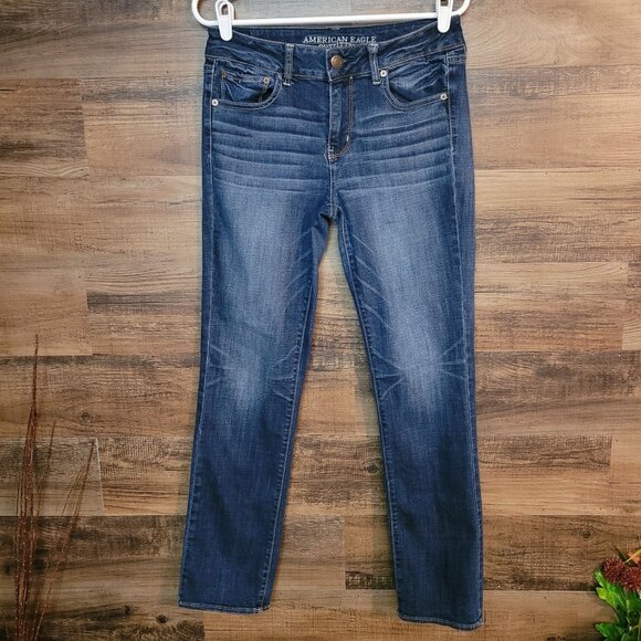 American Eagle Jeans Size 30 Mid Rise Straight Medium Dark Wash Stretch - Picture 1 of 9